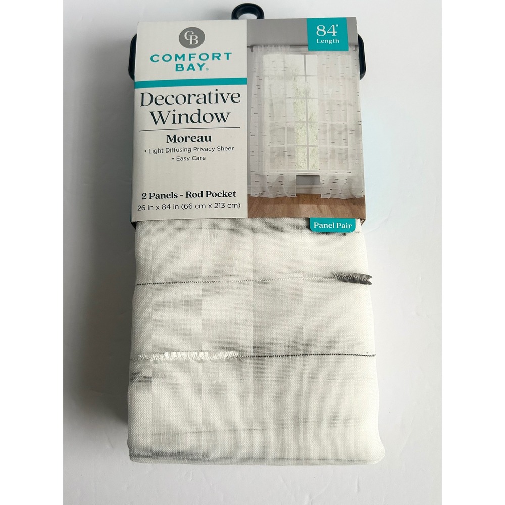Comfort Bay Moreau Sheer Window Curtain Panels 26x84 White Gray Stripe 2pk